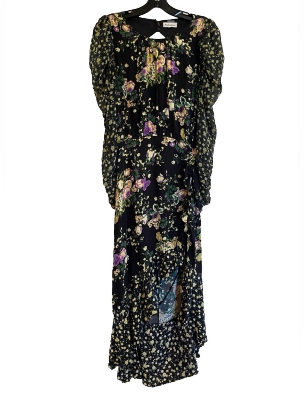 For Love & Lemons Ross Midi Dress Black Floral Open Back Slit L - Picture 3 of 12